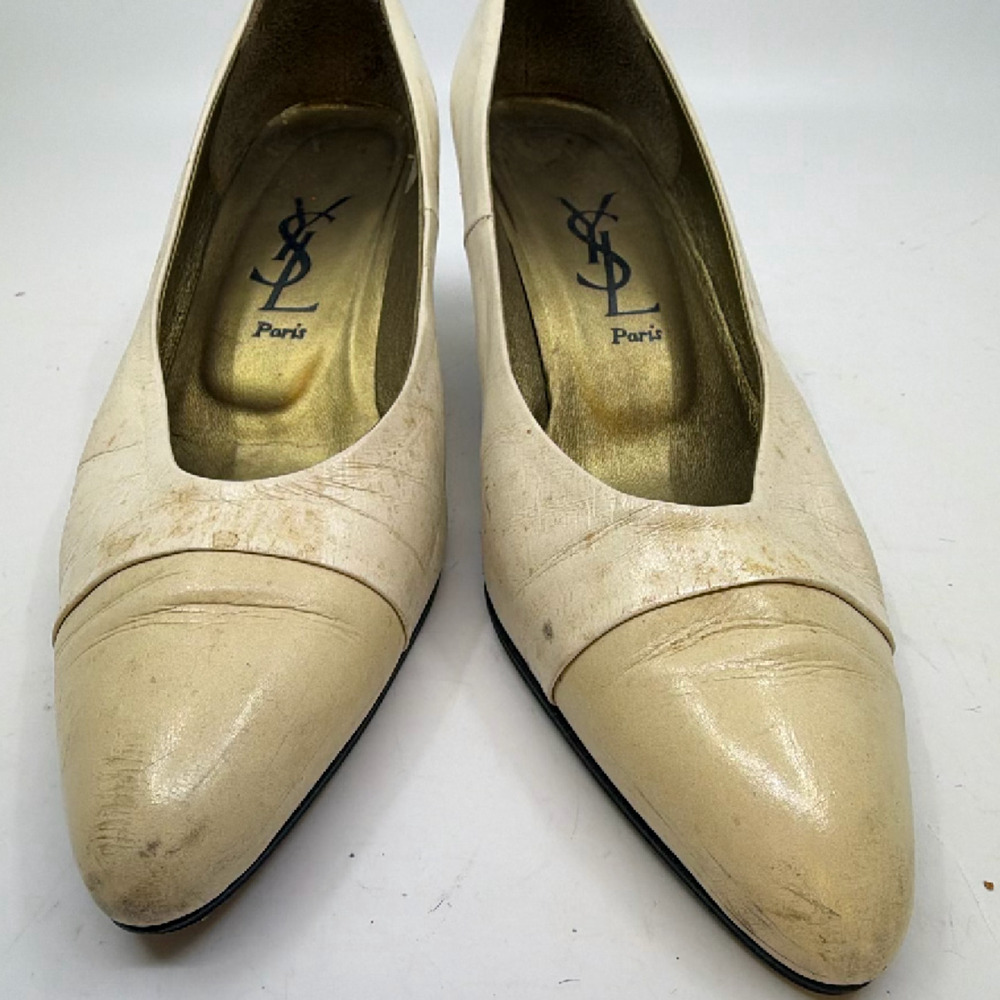 YSL Pointed Toe Cream Leather 35.5 Kitten Heel Pump - Picture 2 of 8
